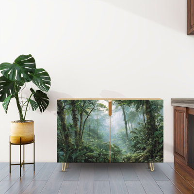 Sideboard Buffet Cabinet with Storage Ultra Dense Jungle Canopy Mural Exotic Plants Wildlife with 2 Doors for Living Room and Kitchen