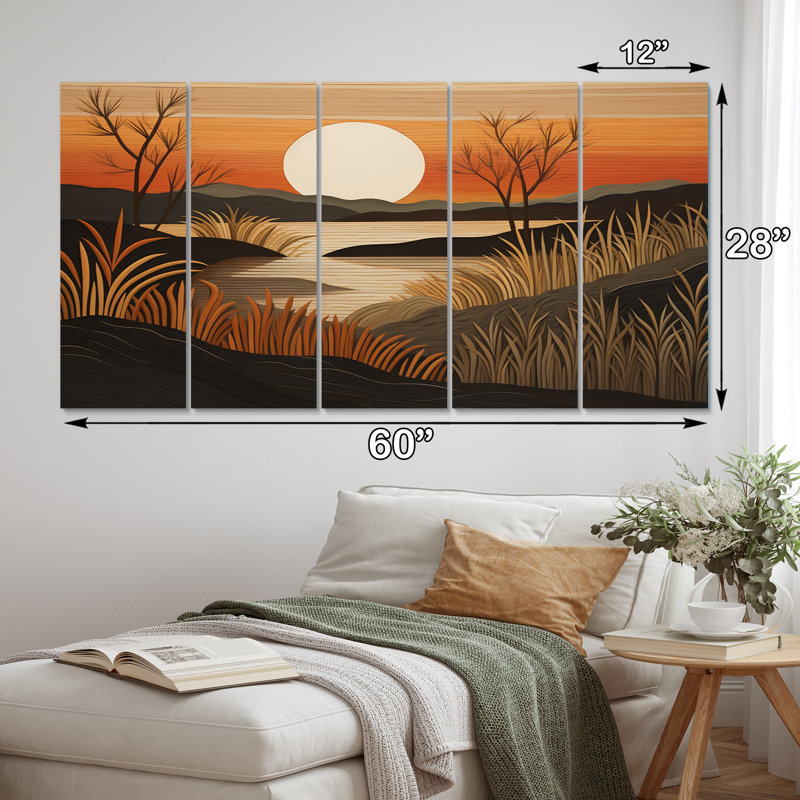 «Landscape Tranquility Full Moon Golden Fields III», art mural sur toile prairie - 5 panneaux égaux