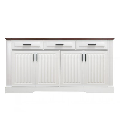 63" Fluted Sideboard Buffet Cabinet With Storage, Modern Coffee Bar Station With 4 Doors And 3 Drawers, Kitchen Storage Console Table For Living Room Dining Room Entryway, White