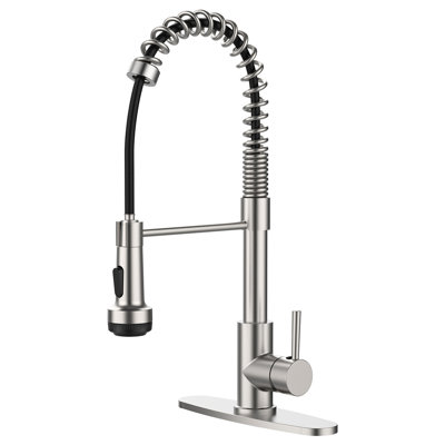 Robinet de cuisine avec douchette rétractable et 4 modes de pulvérisation Robinet d'évier de cuisine à poignée simple commercial Nickel brossé 1 ou 3 trous