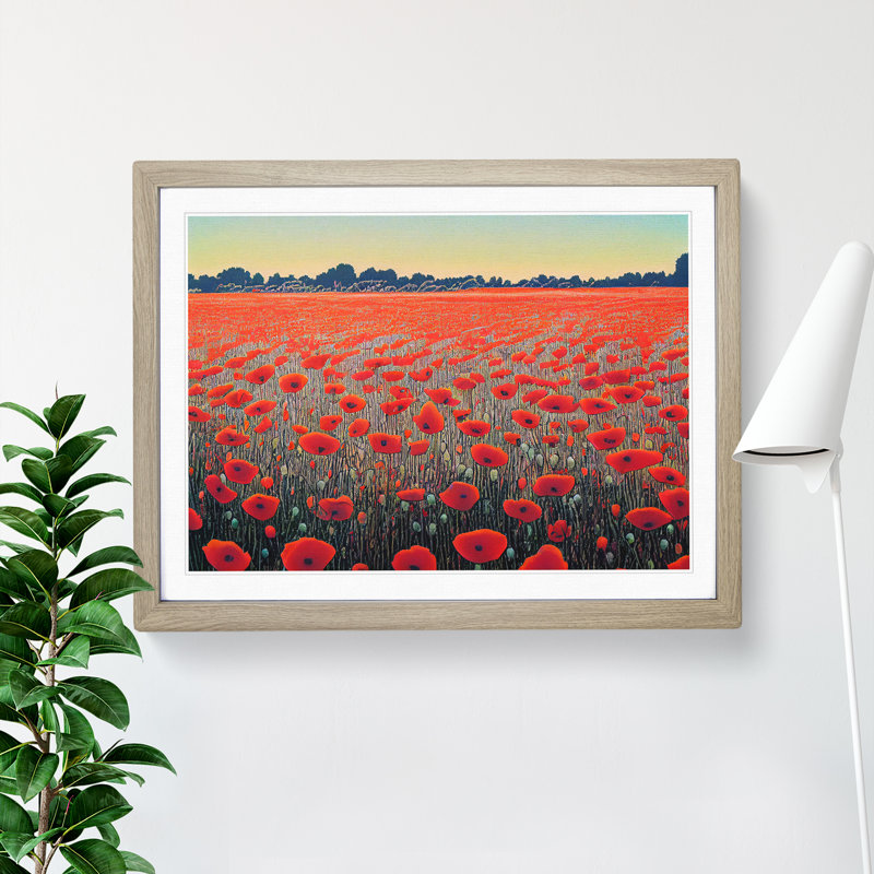 Fancy Poppy Field Flowers - Single Picture Frame Print, 46cm H x 64cm W x 2cm D, Oak Framed