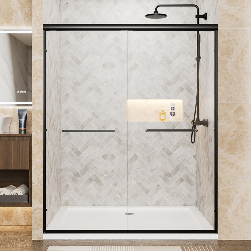 56"60" W X 72" H Matte Black Aluminum Frame Double Sliding Shower Door, 1/4" (6Mm) Clear Tempered Glass With Explosionproof Film, Dual Stainless Steel Handles