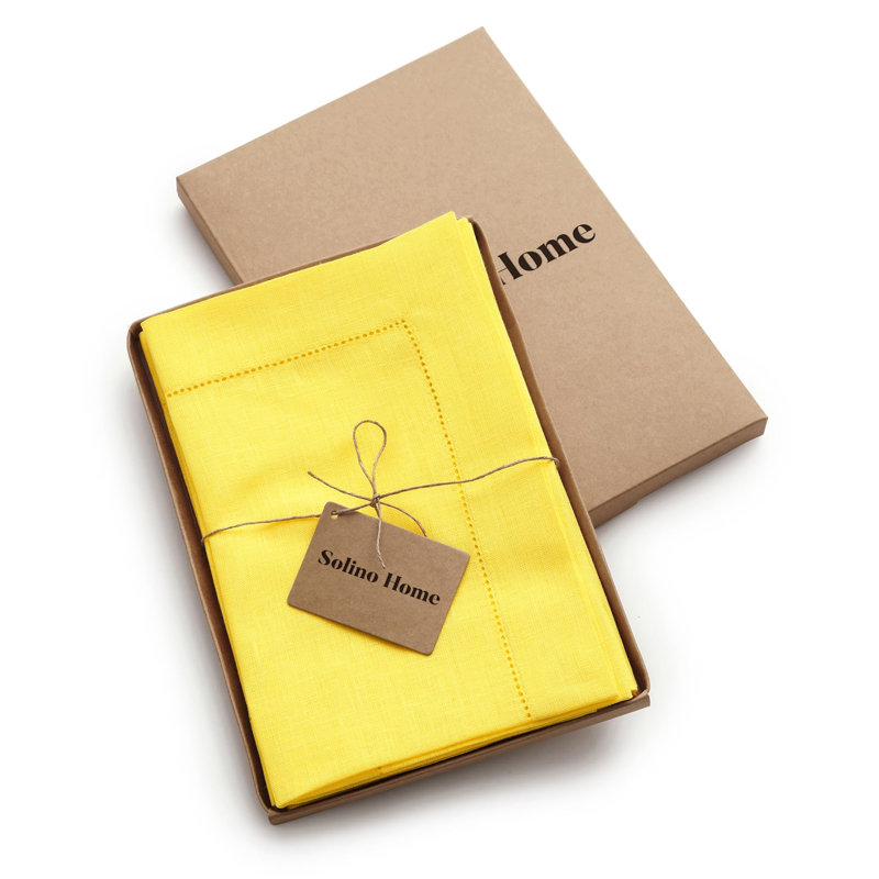 100% Pure Linen Hemstitch Dinner Napkins - Classic Hemstitch, Sunshine Yellow