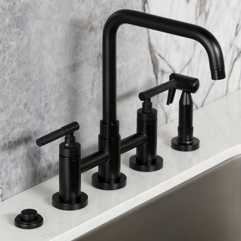 Kingston Brass Kaiser Two-Handle 4-Hole Deck Mount Bridge Kitchen Faucet with Brass Side Sprayer, Matte Black