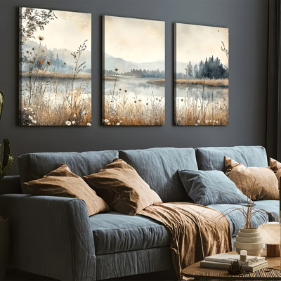 Gold-Accent Feather & Light 3-Piece Canvas Print for Ambient Living Room Home Decor