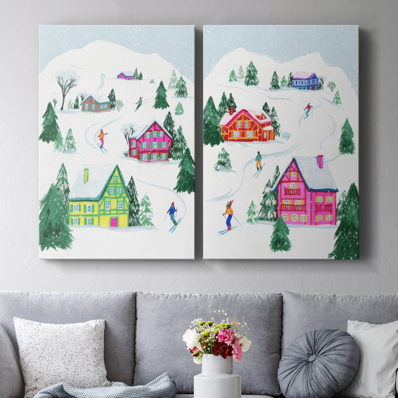 «Candy Ski Village I», toile tendue avec châssis de qualité supérieure, prête à être accrochée, H 18 po x l 24 po
