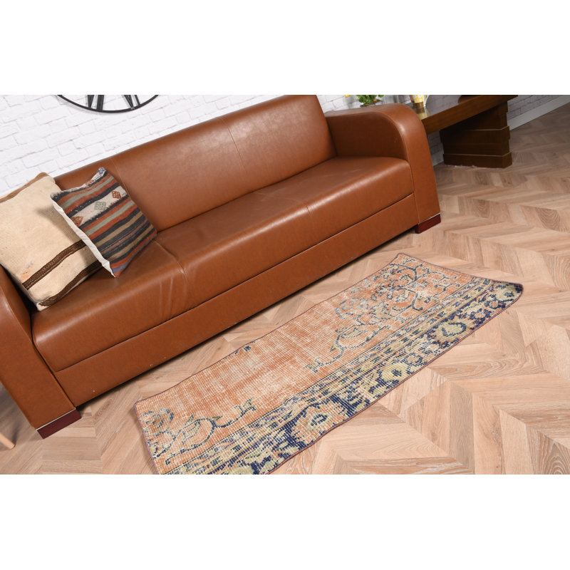 Vintage Turkish Rug in Faded Anatolian Style for Kitchen and Farmhouse Decor with Bohemian Floor Accent in Wool Oushak and Vibrant Orange Door Mat Design