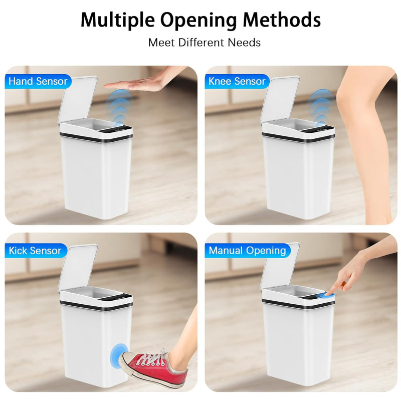 White Slim Touchless Plastic Bathroom Trash Can Set