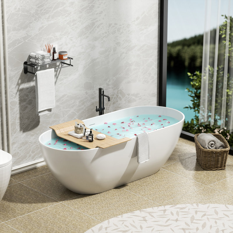 59" Luxury Handcrafted Stone Resin Freestanding Soaking Bathtub With Overflow In Matte White, Cupc Certified