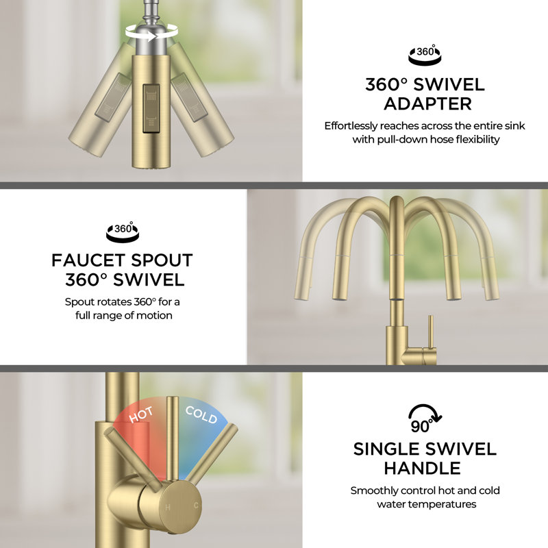 Kitchen Faucet With Pull Down Sprayer, Gold, Without Soap Dispenser