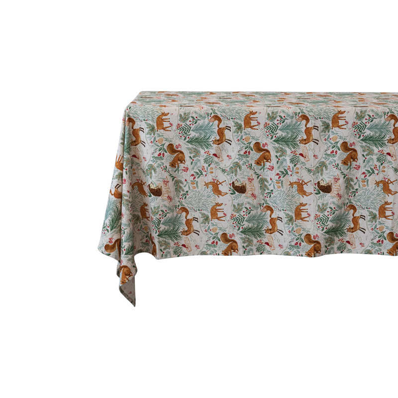 Cotton Printed Tablecloth With Woodland Flora And Fauna Pattern