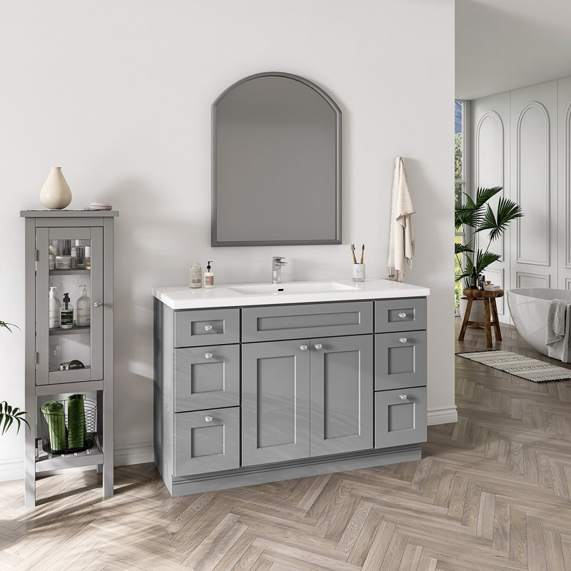 Armoire de salle de bain en bois massif prête à assembler avec tiroir Shaker - comptoir non inclus, Gris