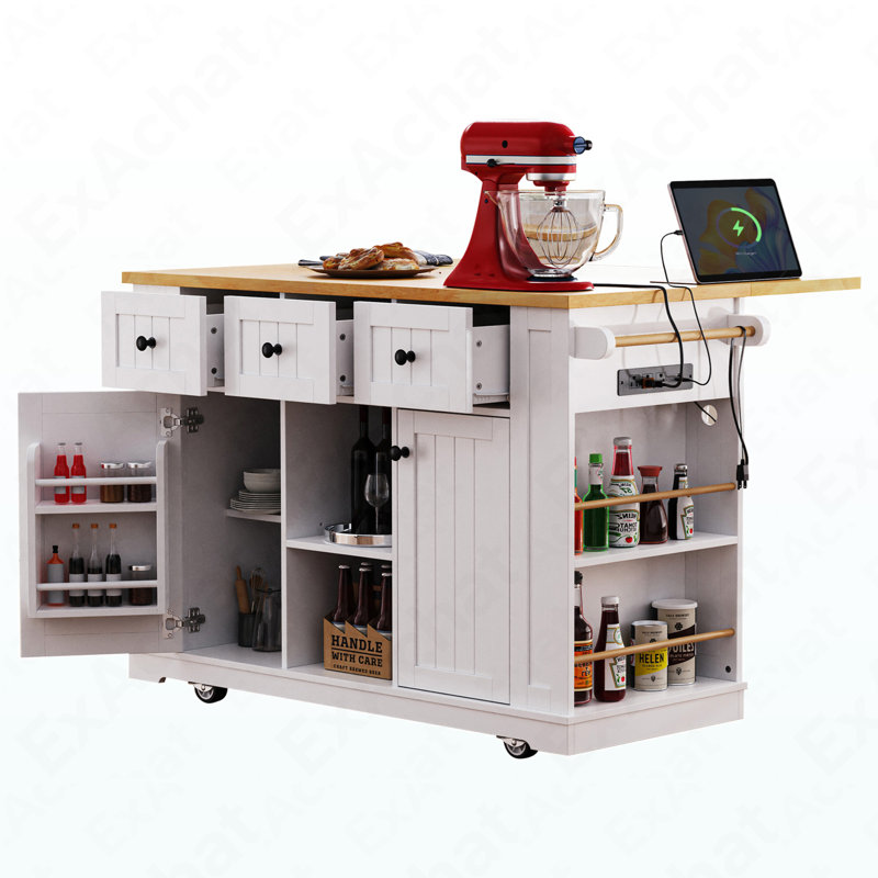53Inch Large Kitchen Island With Drop Leaf, Power Outlet, Door Internal Storage Rack, Rolling Kitchen Cart On 5 Wheels With 5 Open Side Racks For Kitchen, Dining Room,White(Not Include Bar Stools)
