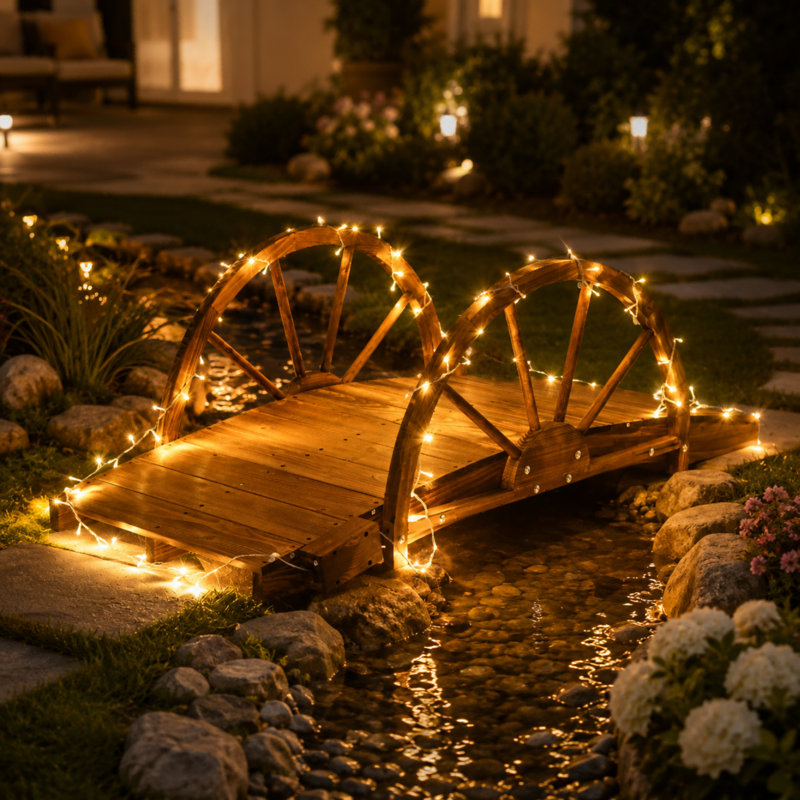 Pont de jardin lumineux en bois 4,9 pi avec rails latéraux en demi-roue