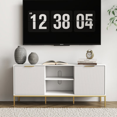 Meuble télé moderne avec portes ondulées, tablette ouverte et tablette réglable - élégant et fonctionnel pour votre salon