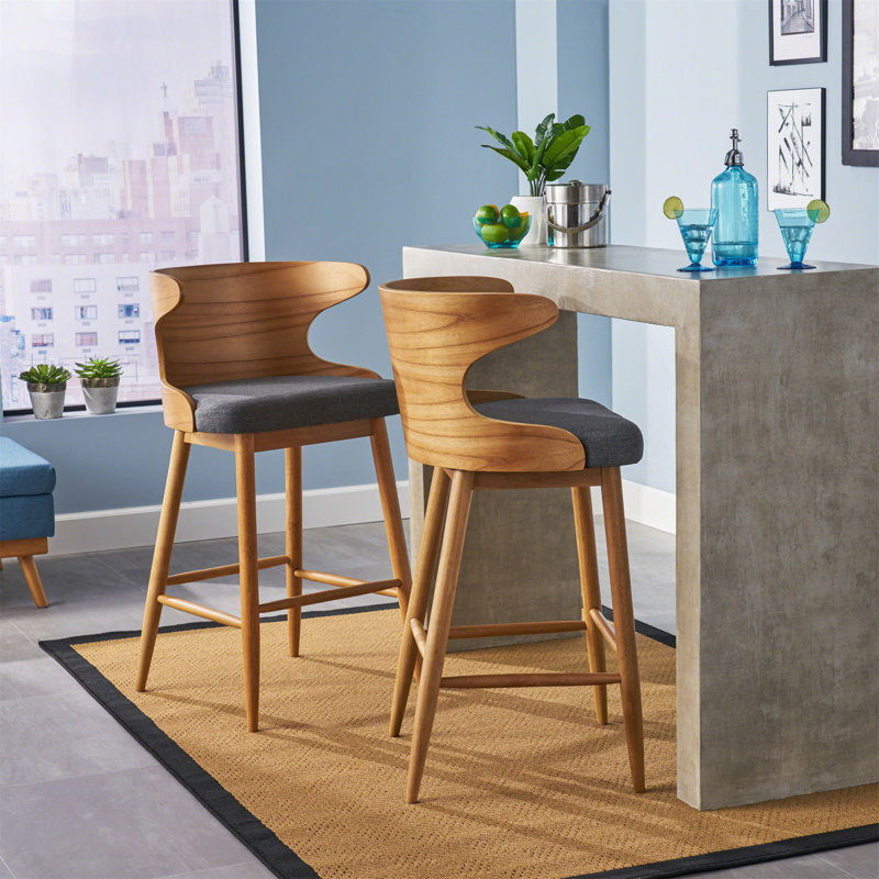 Tabouret de bar de style Mid-Century moderne avec assise rembourrée et structure en bois d'hévéa durable