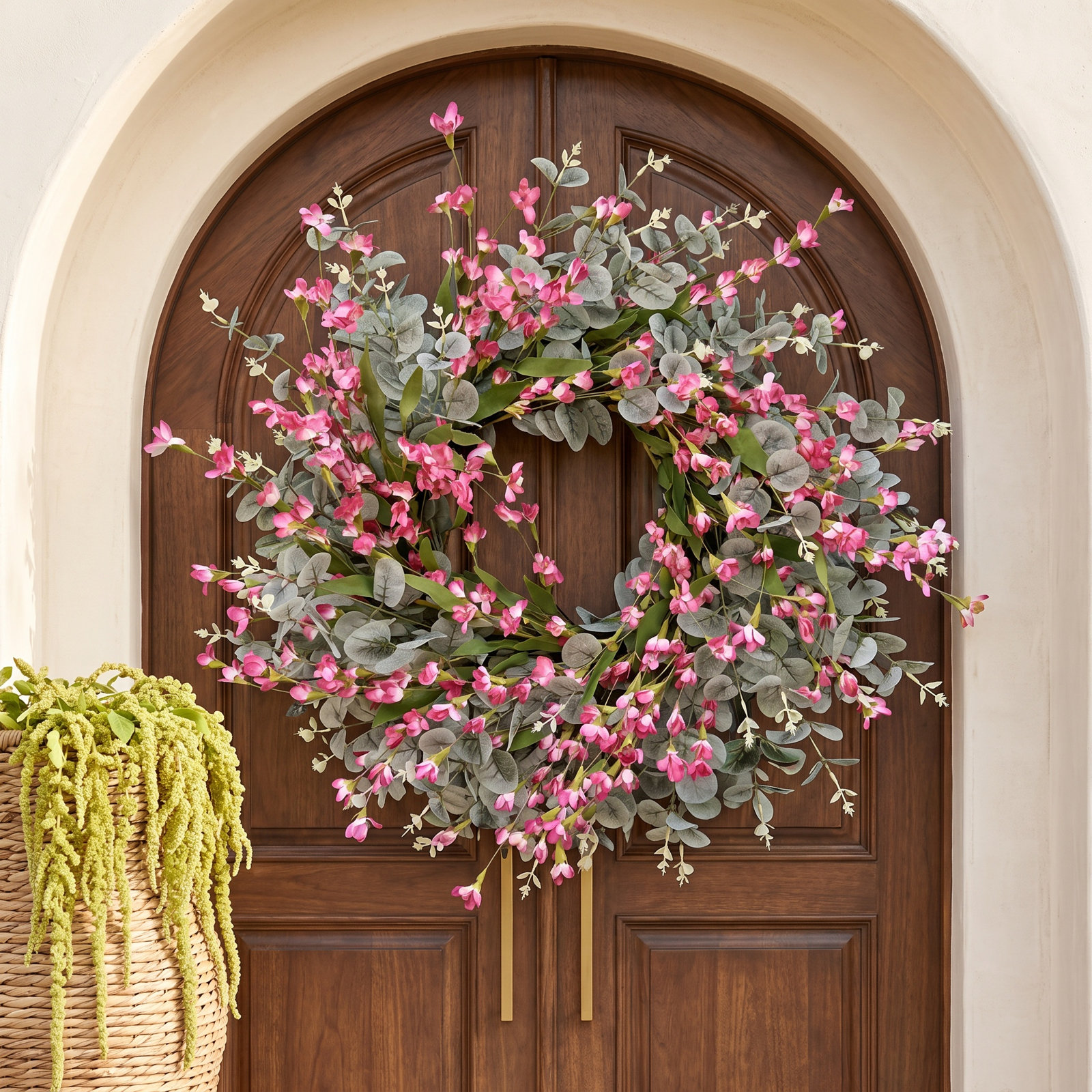 24" Artificial Farmhouse Spring Summer Greenery Eucalyptus Blossom Cluster Wildflowers Floral Wreath For Front Door Wedding Party Wall Decor