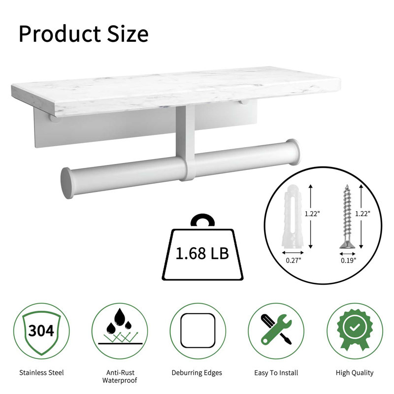 Porte-papier hygiénique avec tablette et porte-papier hygiénique mural pour salle de bain, Blanc mat / marbre blanc