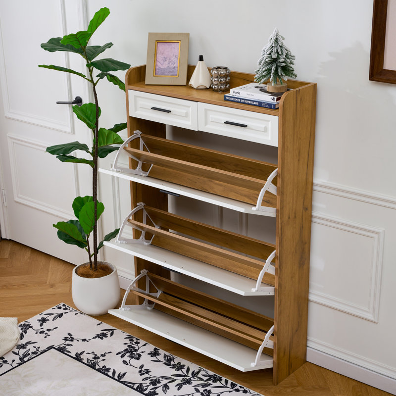 Armoire à chaussures avec 2 tiroirs, Blanc/noyer