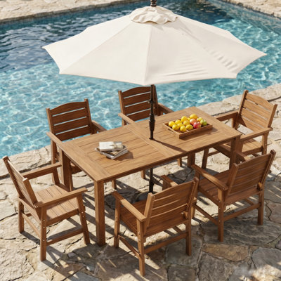 Patio Dining Set for 6 Person All Weather 7 Piece HIPS Outdoor Patio Table and Chairs Set with Umbrella Hole & Aluminum Frame Plastic Outside Furniture for Backyard, Garden, Deck, Poolside, Teak