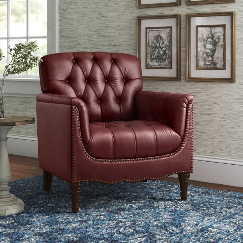 Annja 32" W Tufted Leather Armchair, Burgundy Top Grain Leather