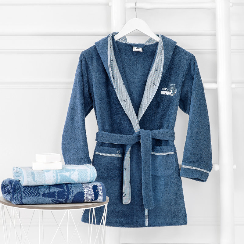Sea Adventures 100% Cotton Terry Cloth Ankle Bathrobe with Pockets and Hood for Kids, L