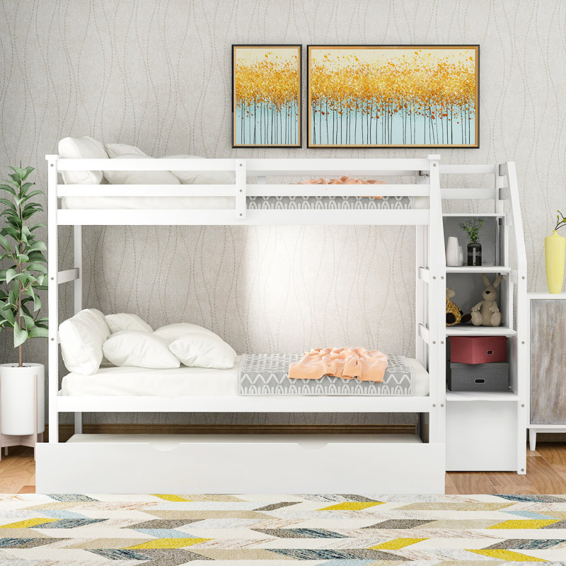 Lit superposé blanc Twintwin avec lit gigogne et 3 escaliers de rangement - Offre une configuration de chambre pratique et un espace de rangement spacieux et sécuritaire pour les chambres à coucher