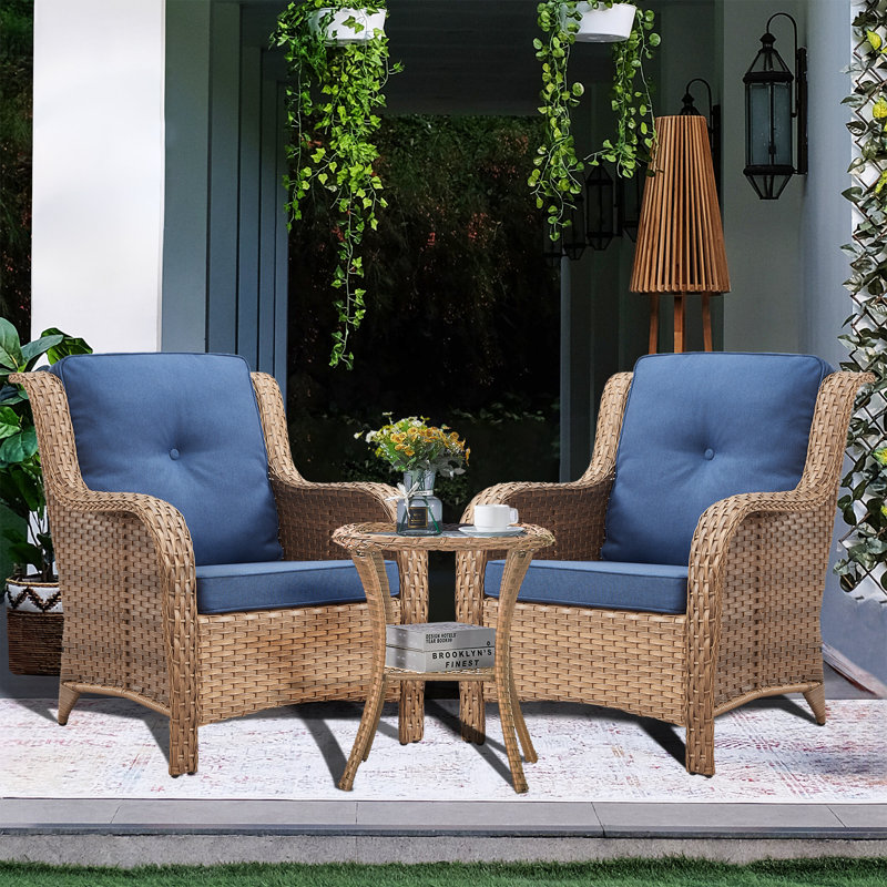 Dahlyla Wicker 2 - Person Patio Conversation Set with Cushions, Blue, Yellow