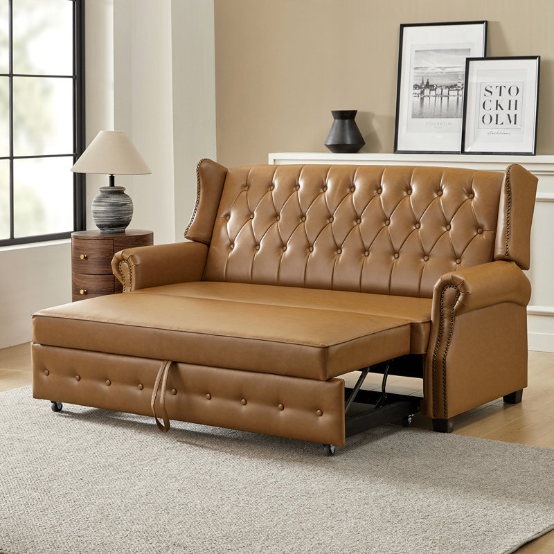 Atravion 73.5" W Vegan Leather Sofa Bed with Button-tufted Back, Brown