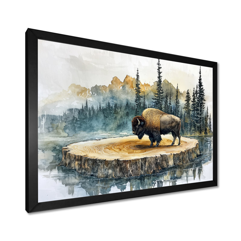 Bison américain dans un paysage d'été I - Bison, art mural, H 30 po x l 40 po, Cadre simple, Noir