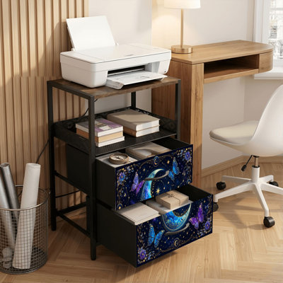 Table de chevet 2 tiroirs avec station de charge, table de chevet de chambre à coucher avec ports USB, tablette ouverte noire, table de chevet avec impression de ciel étoilé bleu ciel et mauve céleste