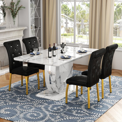 Modern 63" Faux Marble Dining Table Set with Spring-Supported PU Leather Chairs