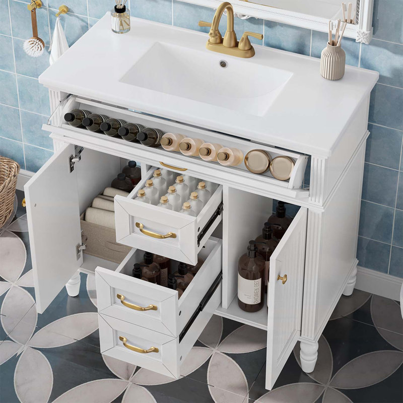 Meuble-lavabo 36 po avec lavabo, tiroir escamotable, portes à fermeture douce, 2 tiroirs de rangement, Blanc