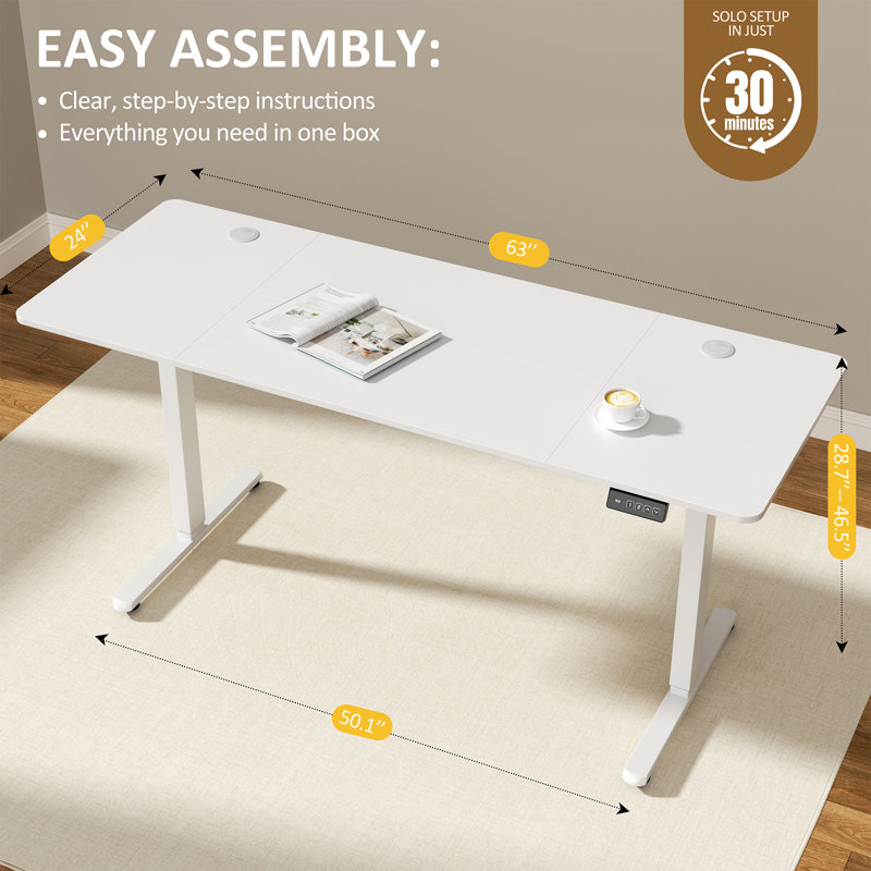 Bureau debout réglable électrique Oishee, Blanc, 46.5" H x 63" W x 24" D