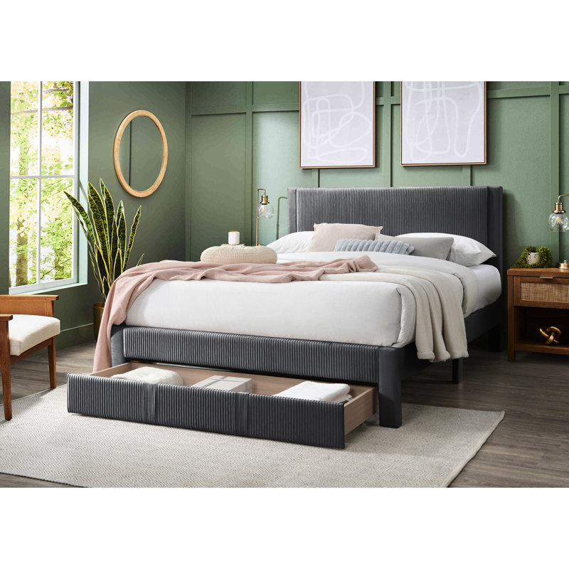 Grand lit contemporain en velours côtelé gris anthracite, lit pratique avec rangement couleur et tablette sous le lit