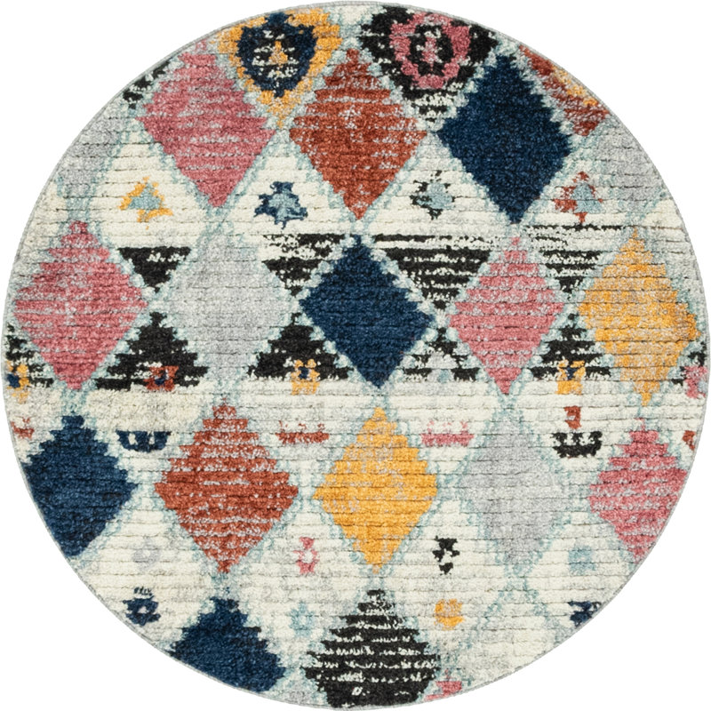 Tapis géométrique bleu marine / jaune / orange, Rond 7 pi