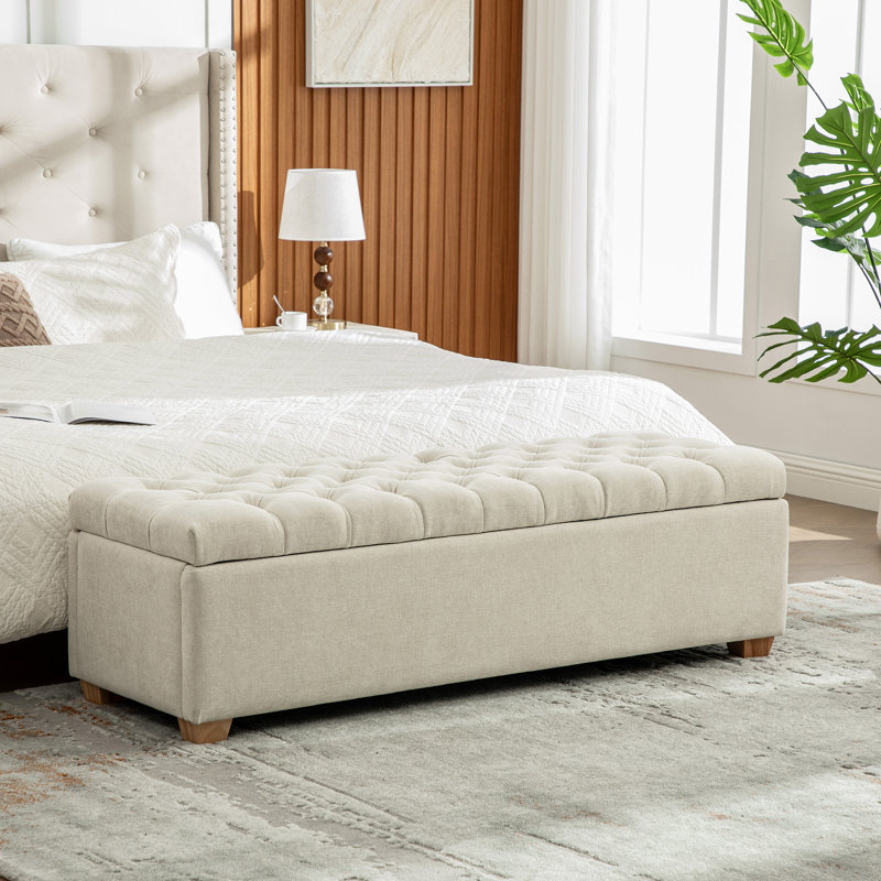 60.2'' Wide Chenille Upholstered Storage End of Bed Bench, Tufted Flip-Top Accent Window Bench Footrest Stool Ottoman with Legs for Living Room, Bedroom, Entryway, Dining Room, Dorm, Corner, Beige
