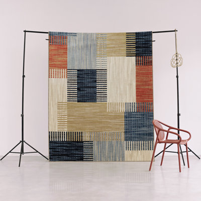 Beige-Blue Themed Mixed Striped Square Patterned Modern Decorative Rug