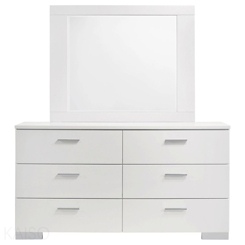 Commode 6 tiroirs blanche brillante avec miroir