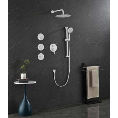 Système de douche avec pomme de douche, douche à main, barre coulissante, jets de corps, bras de douche, tuyau, garniture de valve et poignées à levier