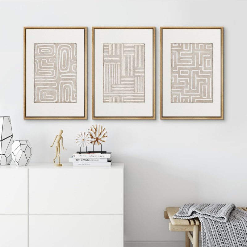 Linear Geometry " Minimalist Linear Design Neutral Tones Geometric Illustrations Modern Art Decor Living Room " 3 - Pieces