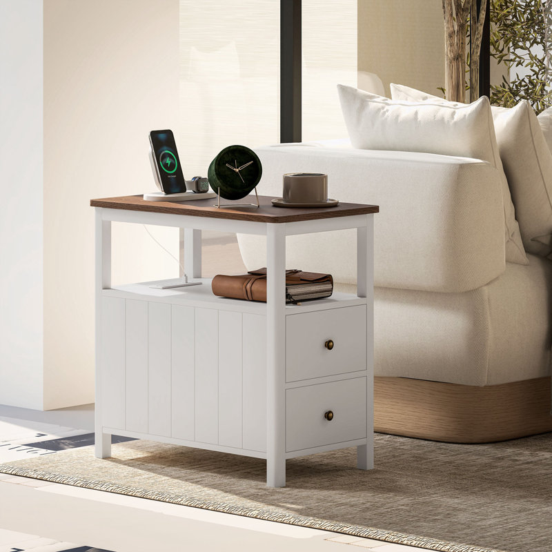 End Table with Charging Station, USB Ports, Drawers and Shelf, White