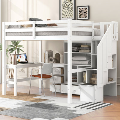 Lit mezzanine double avec bureau en L et tiroirs, armoire et escalier de rangement, blanc