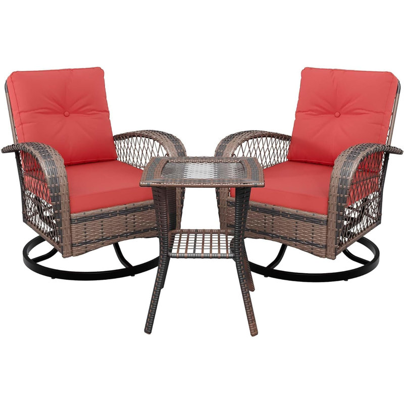 Ensemble de chaises berçantes pivotantes 3 pièces avec table en verre trempé, Rouge