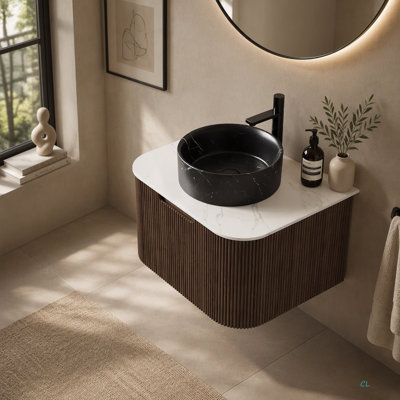 Meuble-lavabo de 61 cm (24 po) avec lavabo, armoire de rangement flottante à rayures et bords incurvés, tiroir, lavabo rond en céramique effet pierre et dessus en pierre frittée, préassemblé