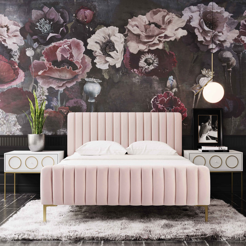 Lit plateforme tapissier Robbinsdale, Velours rosé, Double