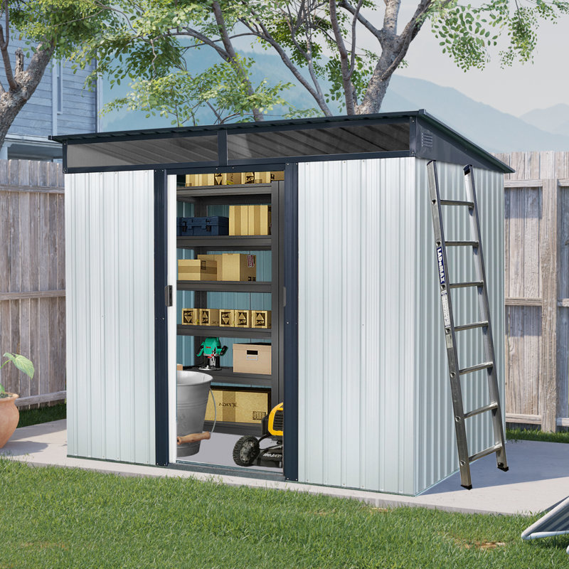 8Ft X 6Ft Outdoor Metal Storage With Lockable Sliding Doors And Transparent Plate For Garden, Lawn  (White And Black)