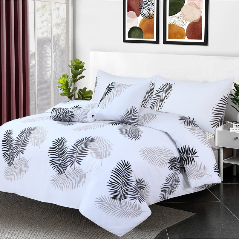 Microfiber Duvet Cover Set with Pillowcases, White/Black Floral, Kingsize Duvet Cover Set + 2 Pillowcases, 3