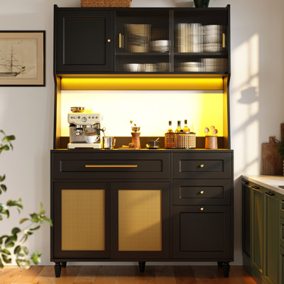 Pe Rattan Kitchen Cabinet With Led Lights - 3 Drawers, App & Music Control, Anti-Tip Safety
