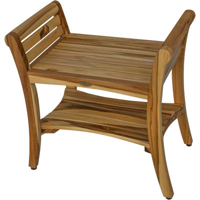 Contemporary Teak Shower Bench with Shelf and Handles in Brown Finish Contemporary Teak Shower Bench with Shelf and Handles in Brown Finish